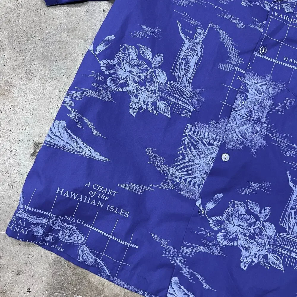 Vintage Howie Hawaiian Islands Shirt USA Made King Kamehameha Tropical Blue S M
